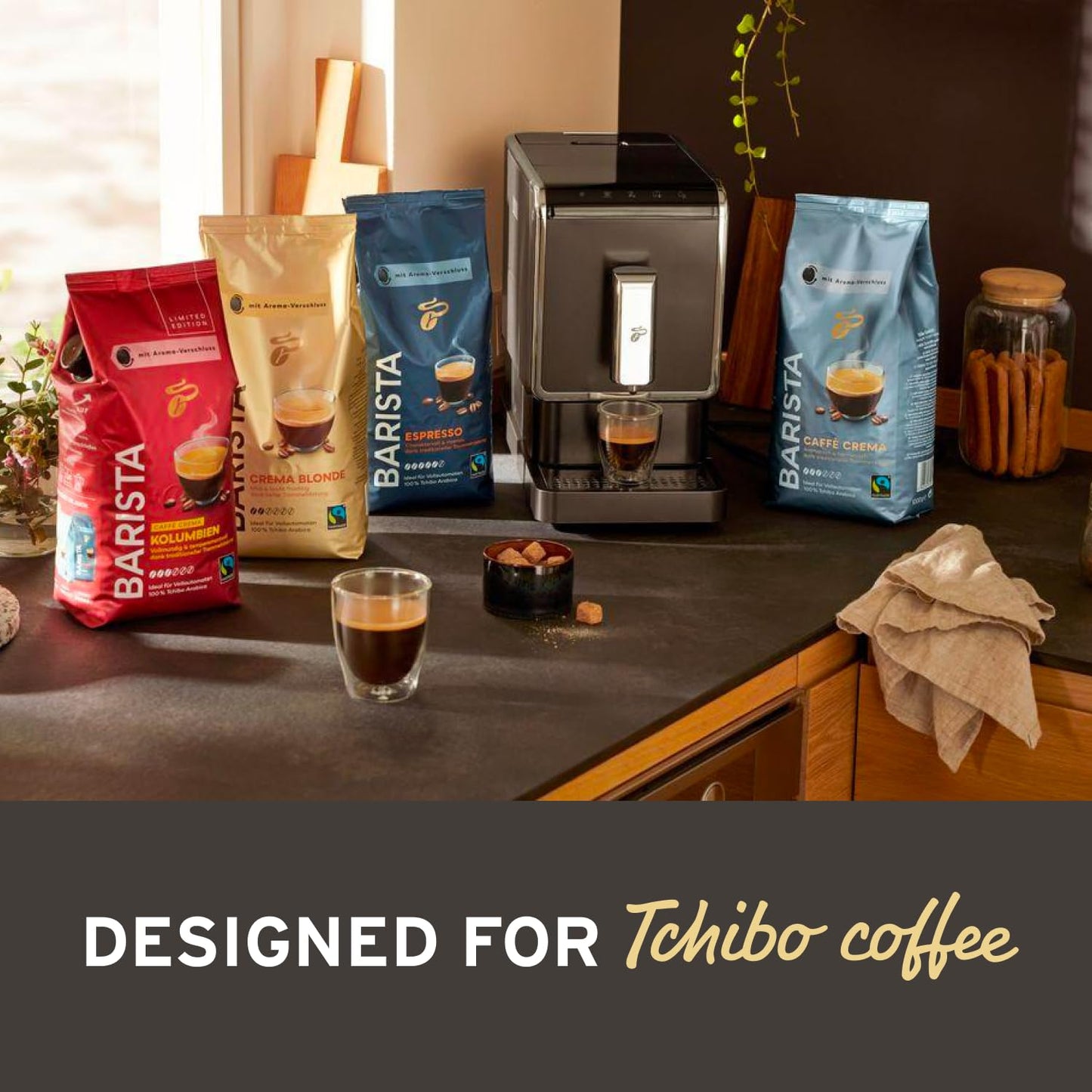 Tchibo Automatic Espresso & Coffee Machine with Built-in Grinder, No Coffee Pods Needed, Black