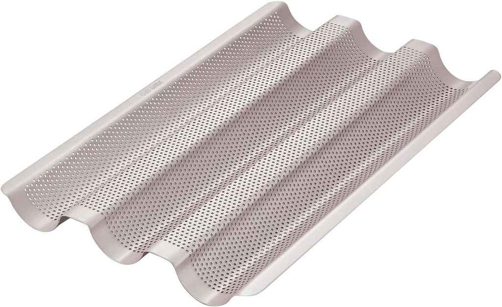 CHEFMADE Perforated Baguette Pan, 15-Inch 3 Wave Loaves Non-Stick Ultra-Ventilate French Bread Pan 2-Inch Channel for Oven Baking 15.2" x 9.6" (Champagne Gold)