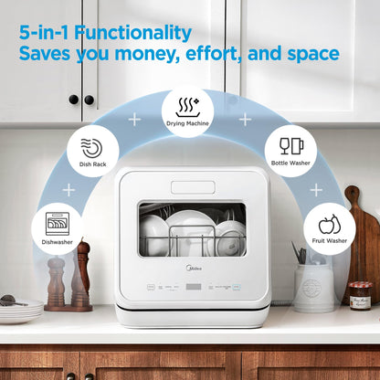 Midea MDC17P4CWW Portable Countertop Mini 5L Built-in Water Tank, No Hookup Needed, 360° Dual Spray,High-Temp steam wash, Dishwasher for Apartments& RVs, White