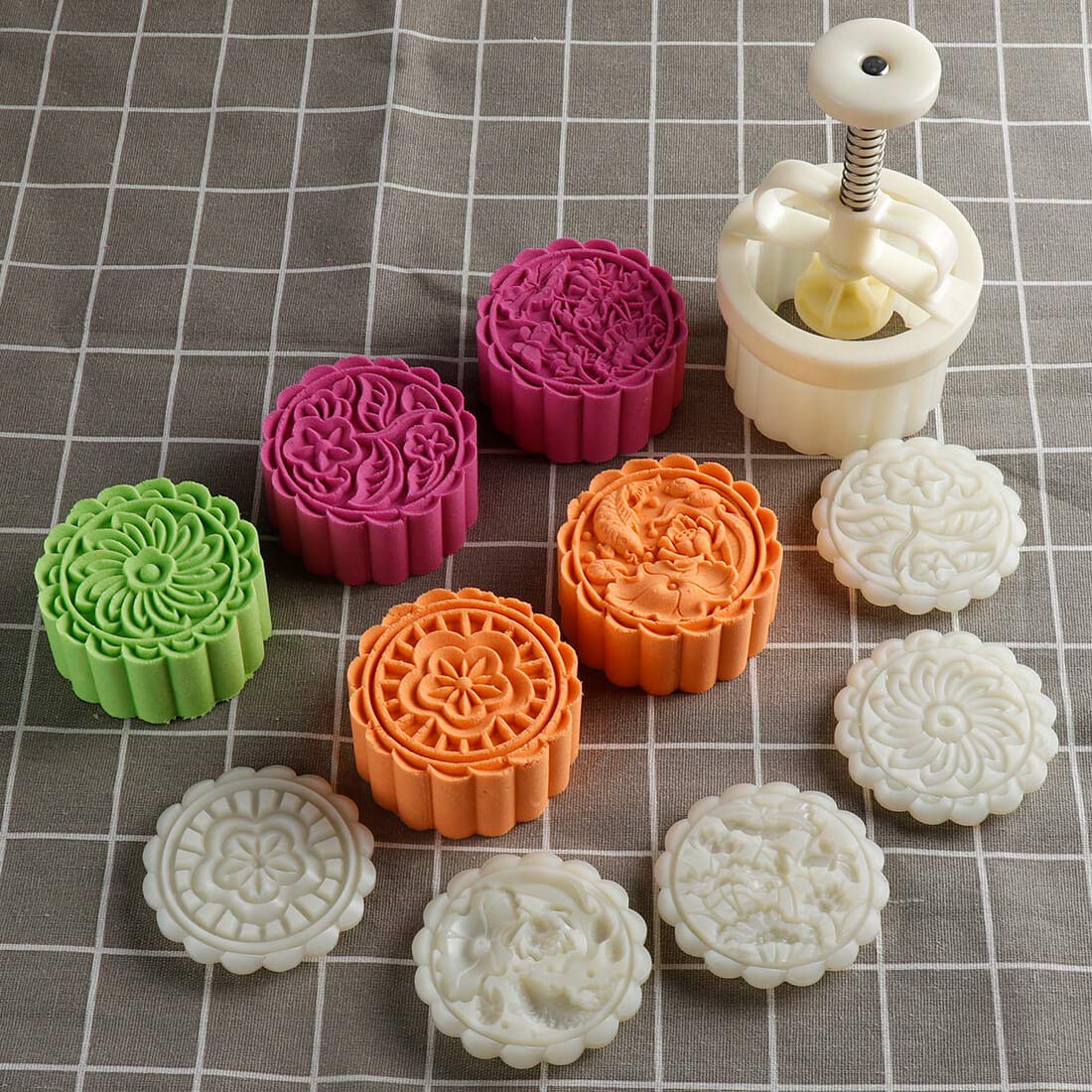 Moon Cake Mold Chinese Mid-autumn Festival Cookie Stamp Set, Thickness Adjustable 50g 6 Stamps Mooncake Shortbread Press DIY Decoration Hand Cutter Cake Polvoron Mold