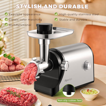 Flyseago Electric Meat Grinder 3200W Heavy Duty Commercial Meat Grinders, Sausage Stuffer, Kubbe Kit with 2 Cutting Blades, 3 Grinding Plates, 3 Sausage Tubes, Metal Gearbox Meat Grinder for Home Use