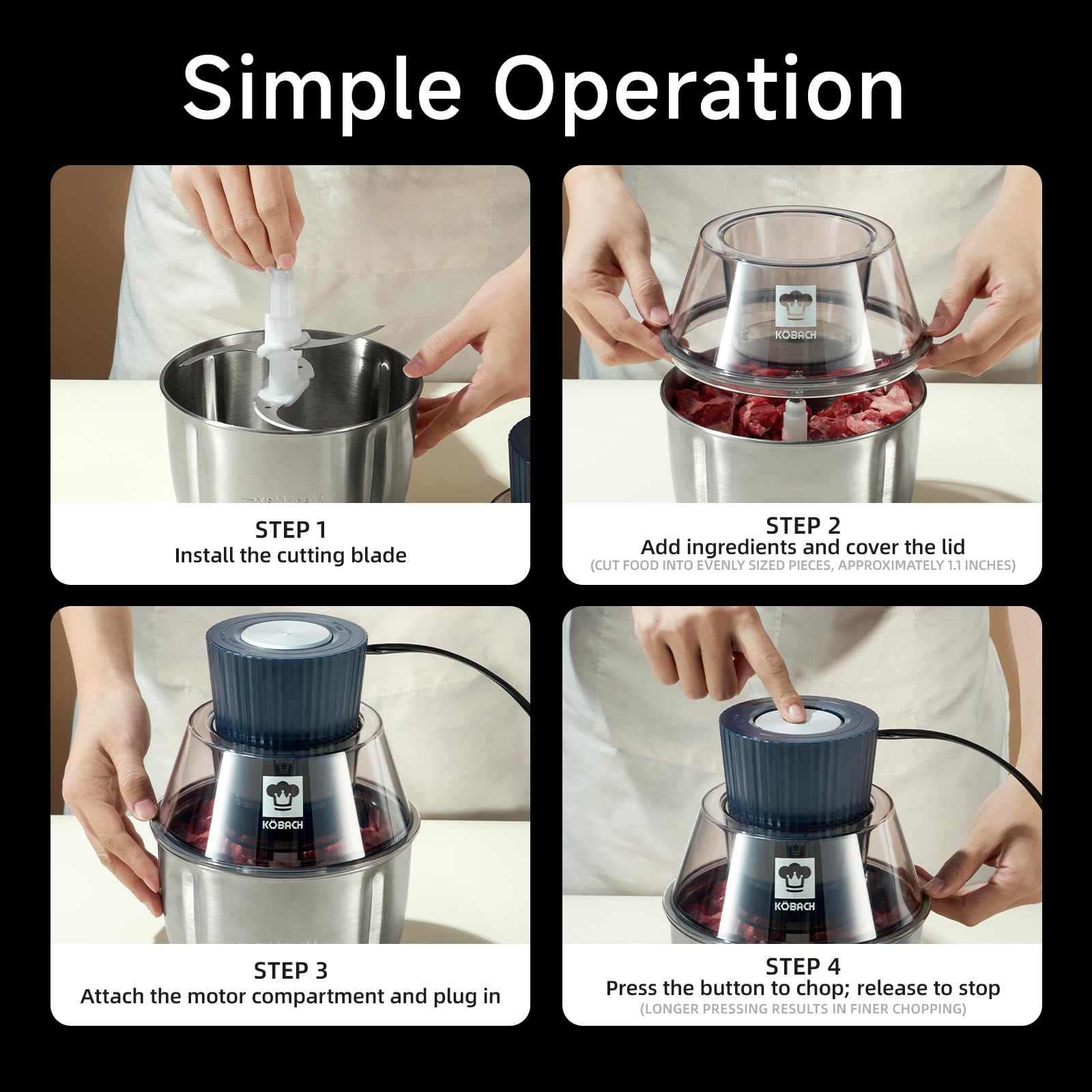KOBACH Electric Food Processor & Meat Grinder – 1.9 Qt Food Chopper with Pure Copper Motor, Dual-Layer Blades, Procesador de Alimentos Electrico