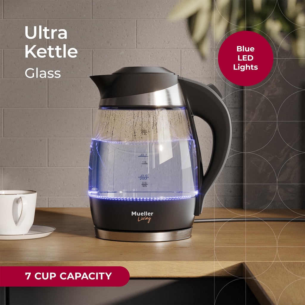 Czajnik elektryczny Mueller Living, czajnik elektryczny do zagotowania wody, 1500 W SpeedBoil Teach, automatyczne wyłączanie, 1,8 l bezprzewodowy z oświetleniem LED, czajnik ze szkła borokrzemianowego, podgrzewacz wody, bez BPA