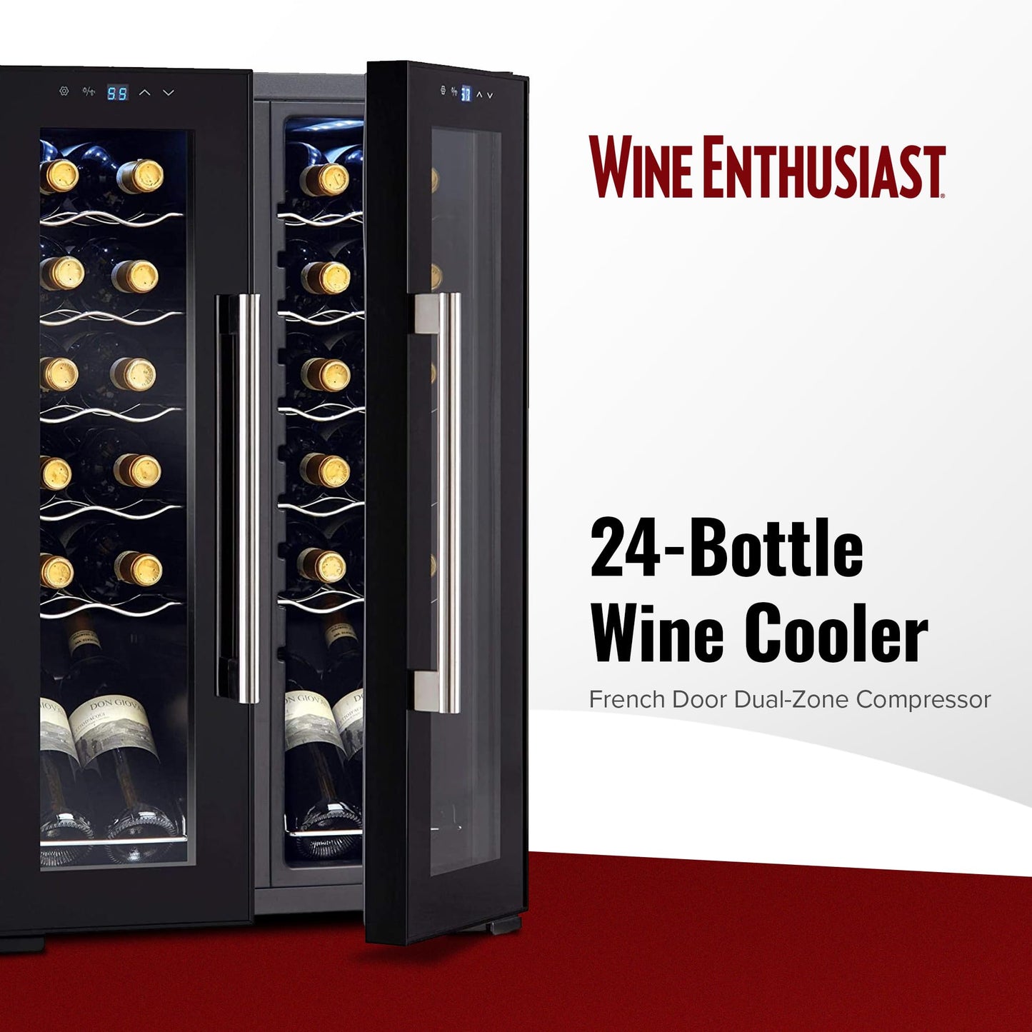 Wine Enthusiast 24-Bottle French Door Dual-Zone Compressor Wine Cooler - Freestanding Wine Refrigerator with Split Storage & 41-64°F Temperature, 2 Glass Pane Doors & Touchscreen LED Controls