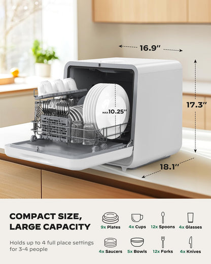 Silonn Countertop Dishwasher - Portable Dishwasher with 5L Water Tank, 6 Wash Programs, 4 Place Setting Capacity, 3 Spray Cleaning, Air Dry Function, Compact Dishwasher for Apartments & RVs