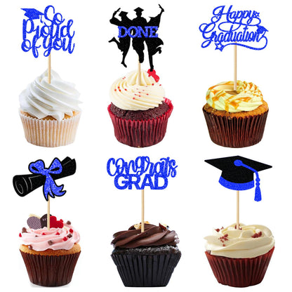 24 Pack 2025 Congrats Grad Cupcake Toppers Set, Glitter Graduation Cupcake Decor, Class of Cupcake Picks for Senior High School College Grad Party Decorations Supplies(Black with Gold) A