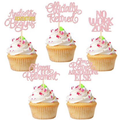 30 PCS Happy Retirement Cupcake Toppers Officially Retired No Work Zone Adventure Begins Cupcake Picks for Retirement Theme Farewell Birthday Party Cake Decorations Supplies Black