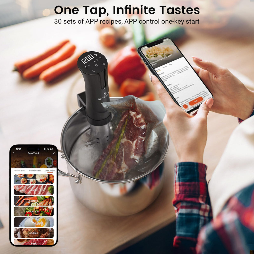 Машина BLITZHOME Sous Vide, додаток WiFi у комплекті, плита Sous Vide потужністю 1100 Вт з точною температурою та таймером, надтихий прецизійний циркуляційний пристрій з нержавіючої сталі, кухонні гаджети з рецептами
