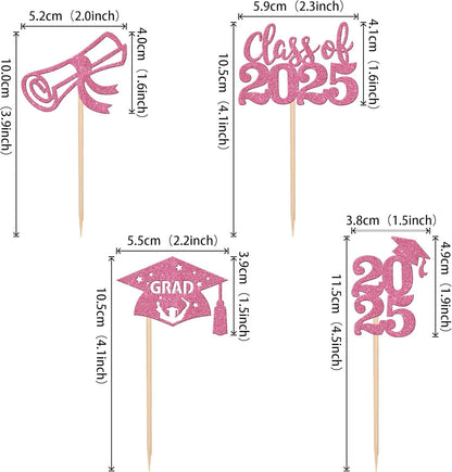 24 PCS 2025 Graduation Cupcake Toppers Glitter Diploma Congrats Grad Cap Cupcake Picks Class of 2025 Cake Decorations for 2025 Graduation Theme Party Supplies Pink