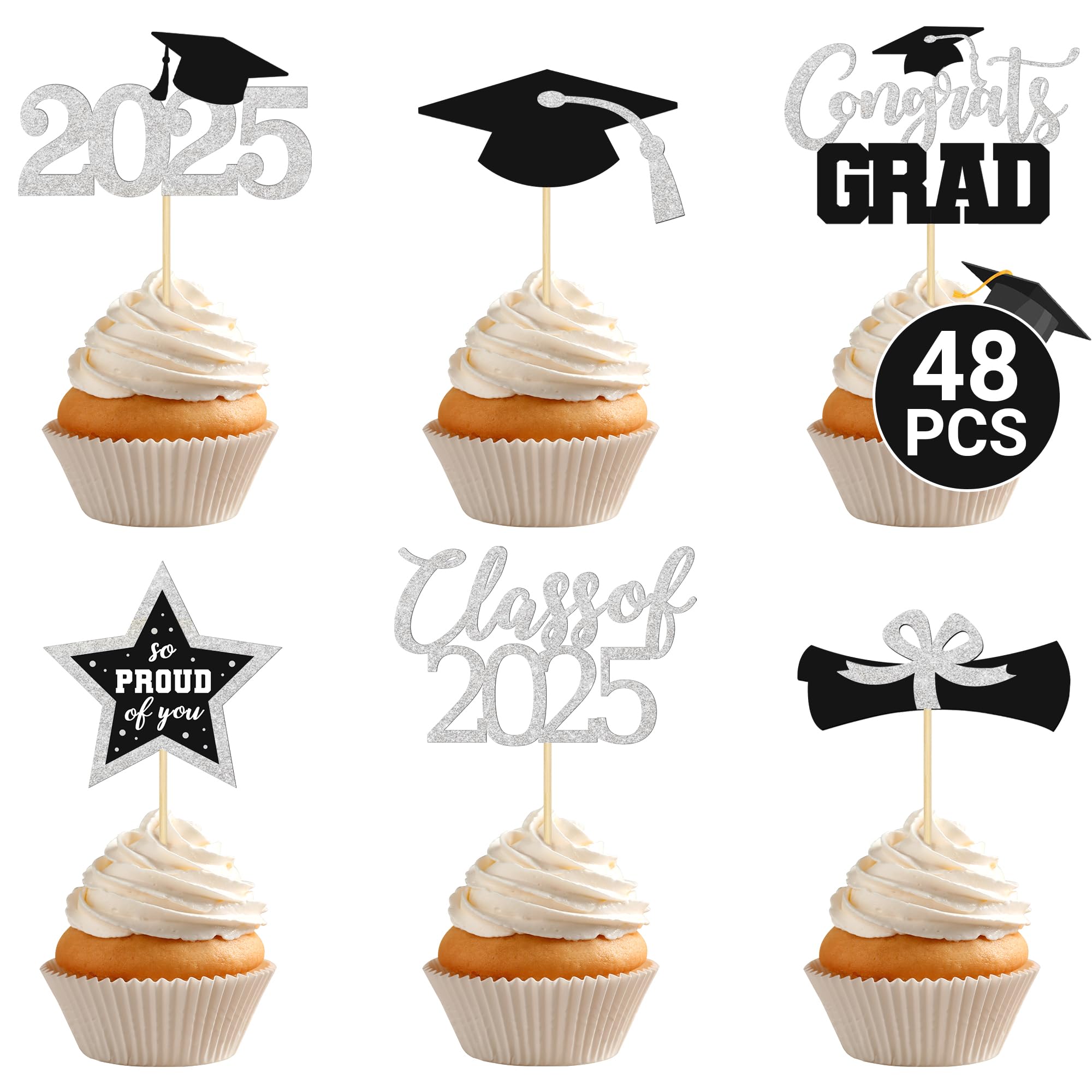 48 PCS Graduation Cupcake Toppers 2025, 6 Style Black and Gold Graduation Cake Toppers, Glitter Design Class of 2025 Toppers Grad Cupcake Picks, Disposable 2025 Graduation Decorations