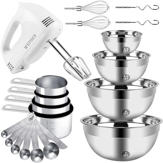 WEPSEN Hand Mixer Electric Mixing Bowls Set, 5 Speeds Handheld Mixer with 4 Nesting Stainless Steel Mixing Bowl, Measuring Cups Spoons 200W Kitchen Blender Whisk Beater Baking Supplies For Beginner