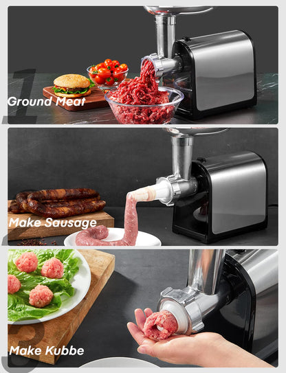 Electric Meat Grinder, 2600W Max Meat Grinders for Home Use, HOUSNAT 3 in 1 Heavy Duty Meat Mincer with 2 Blades and 3 Plates, Sausage Stuffer Tube & Kubbe Kit, Stainless Steel