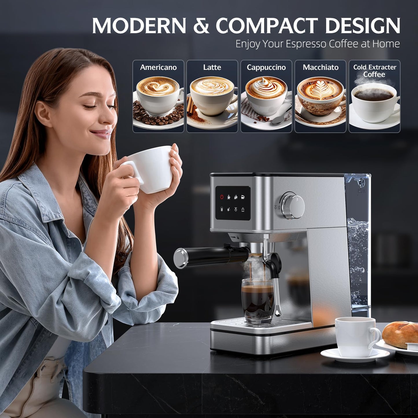 QJA Espresso Machine, 20 Bar Professional Espresso Maker, Milk Frother Steam Wand for Latte, Compact Stainless Steel Machine with 57.5oz Removable Water Tank and LED Touchscreen Monitors