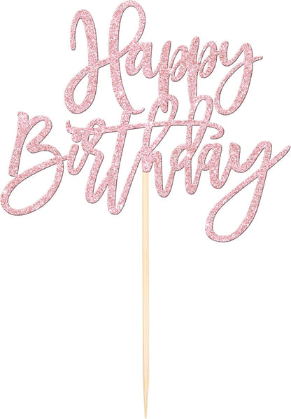 1 PCS Happy Birthday Cake Topper Glitter Cake Pick for Celebrating Anniversary Theme Party Cake Decorations Supplies Light Pink