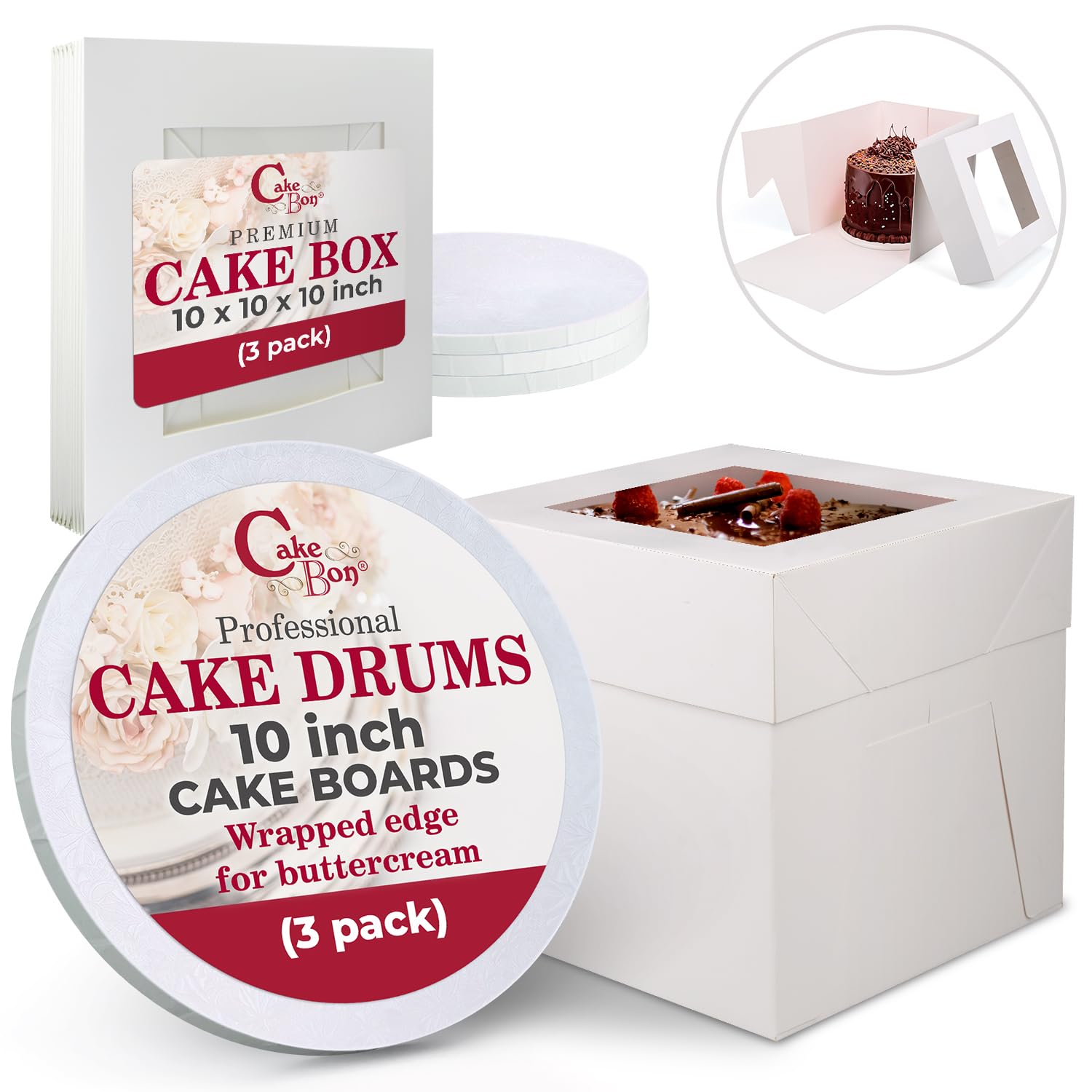 Cakebon Cake Boxes with Boards - 10 Inch Round Cake Drum White (1-pack) - Box With Window for Birthdays, Weddings and Parties