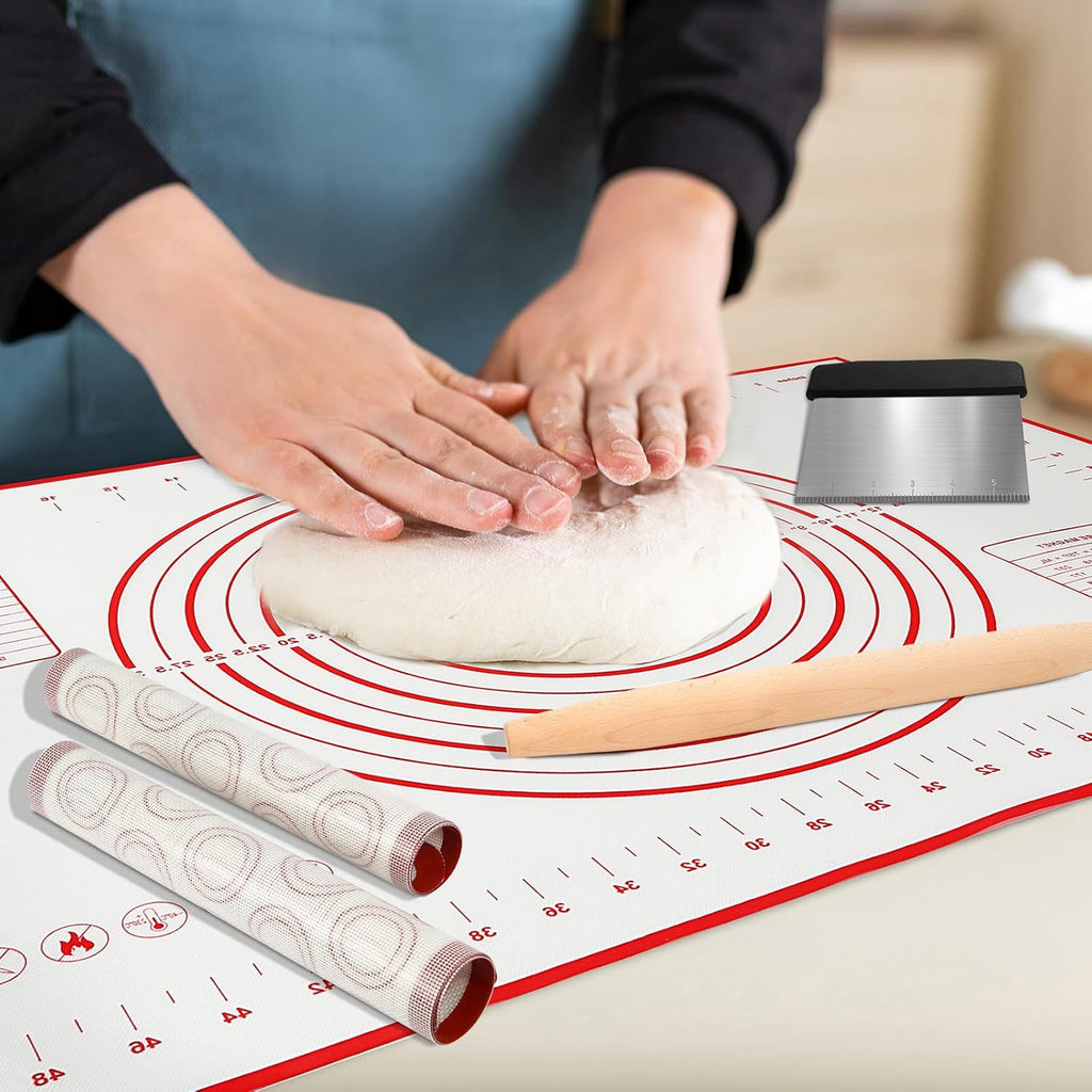 Rolling-Pin-Silicone-Baking-Mats-Set, Nonstick Dough Rolling Pastry Mat for Cookie Macaroon Pie Crust Pizza, Heat-resistant Silicone Baking Sheets for Oven, Silicon Macaroons Baking Mats