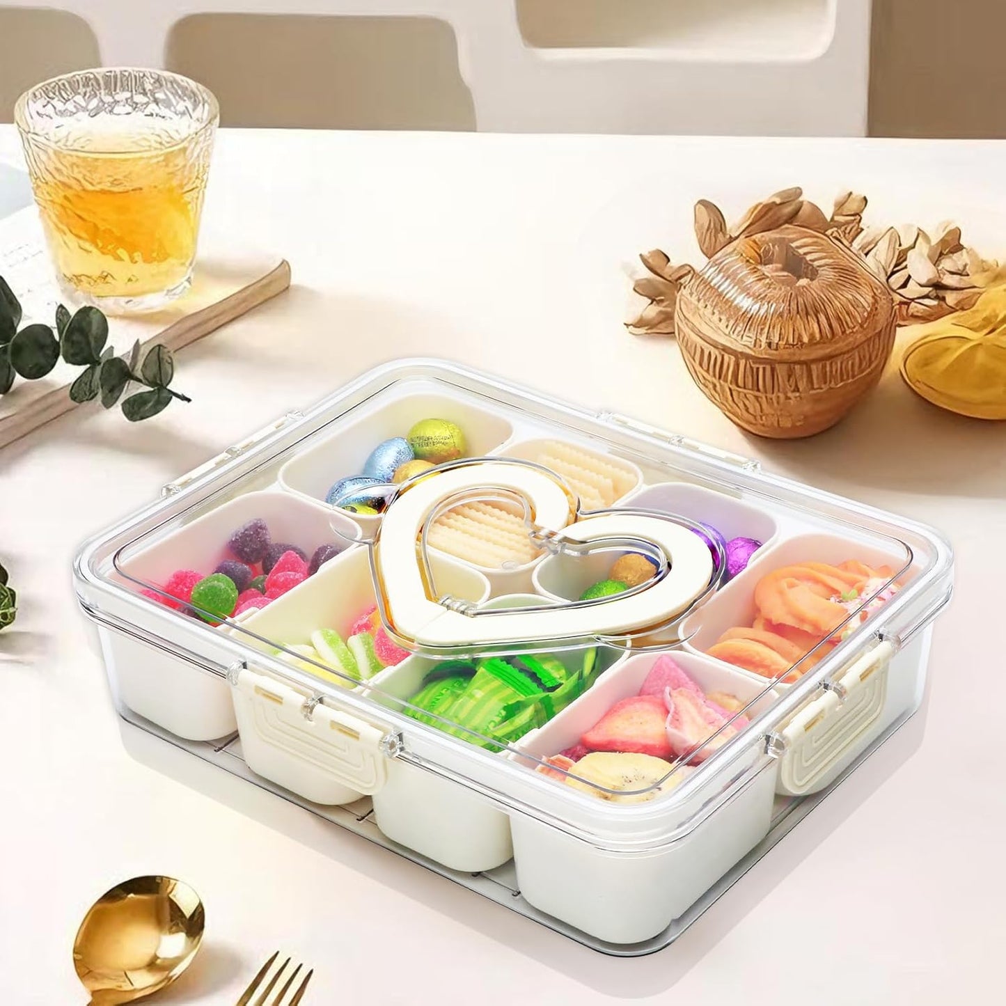 Divided Serving Tray with Lid and Handle,Snackle Box Containers with 8 Compartment,Portable Snack Serving Platters Reusable Storae Organizer for Fruits,Nuts,Candy,Party,Picnic,Veggies