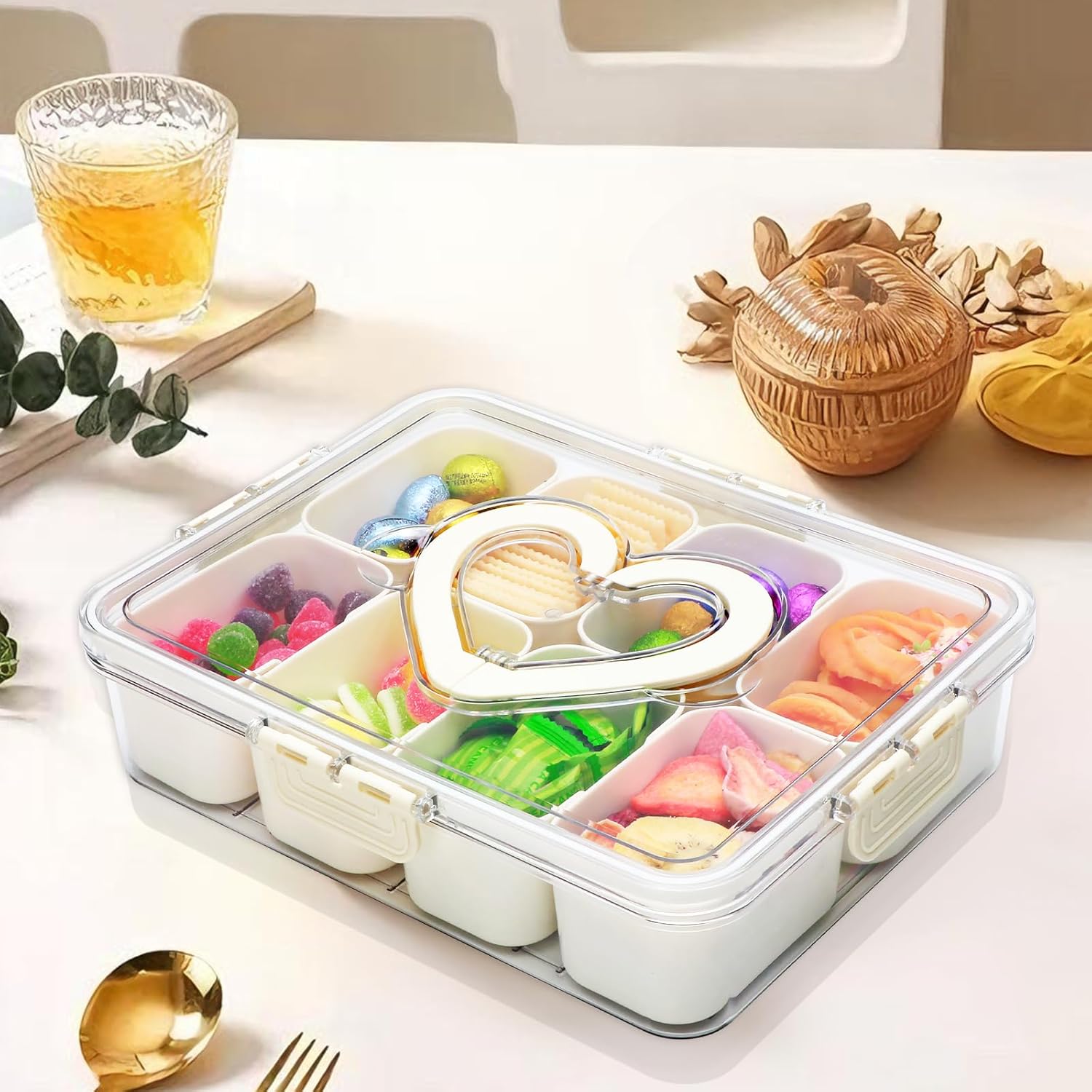 Divided Serving Tray with Lid and Handle,Snackle Box Containers with 8 Compartment,Portable Snack Serving Platters Reusable Storae Organizer for Fruits,Nuts,Candy,Party,Picnic,Veggies