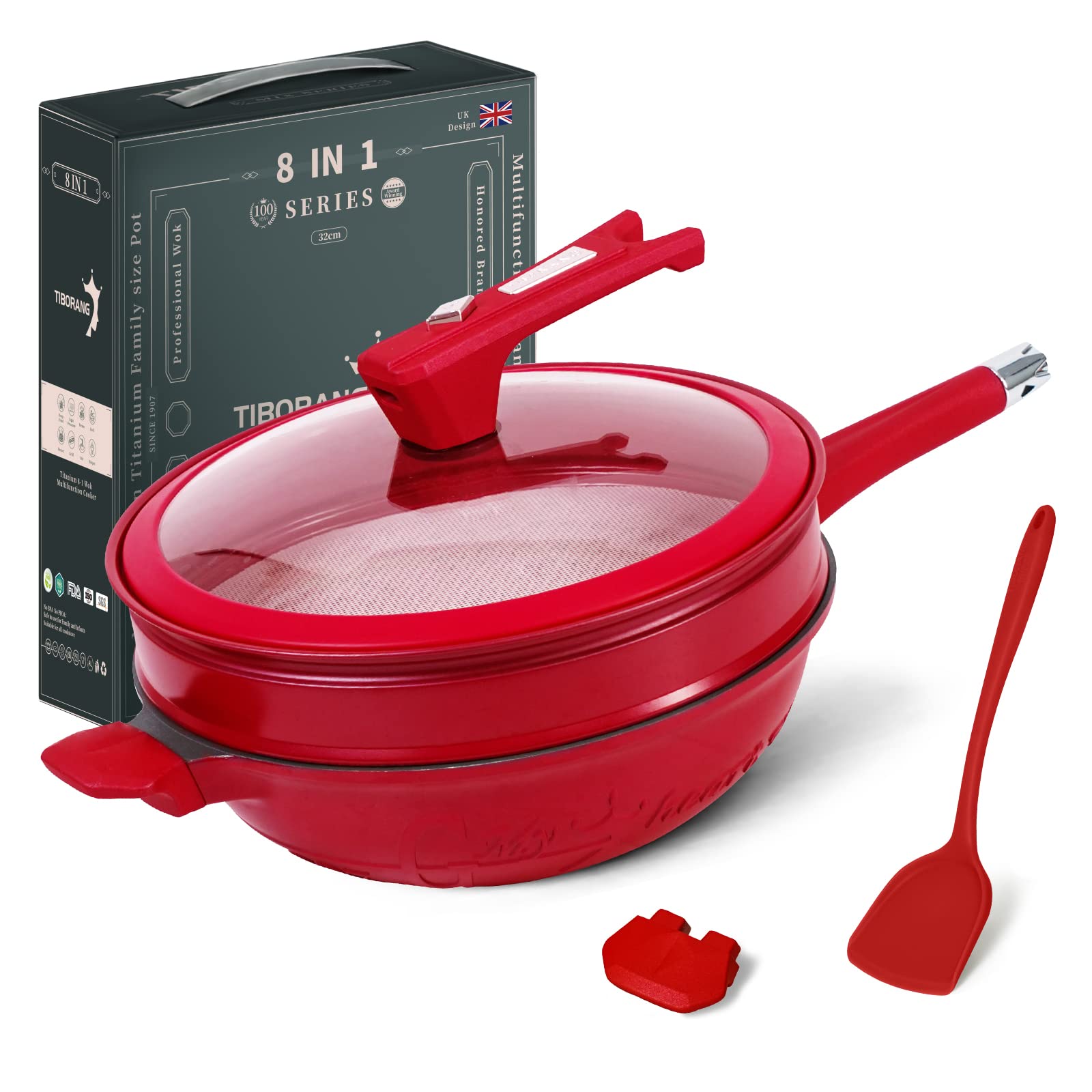 TIBORANG Nonstick 8 in 1 Multipurpose Woks and Stir Fry Pans,12.6 Inch 6L Heat Indicator Diecast Aluminum Titanium Coating Chinese Wok Pan with Lid, Silicone Spatula,Steamed Grid(Crimson Red)…