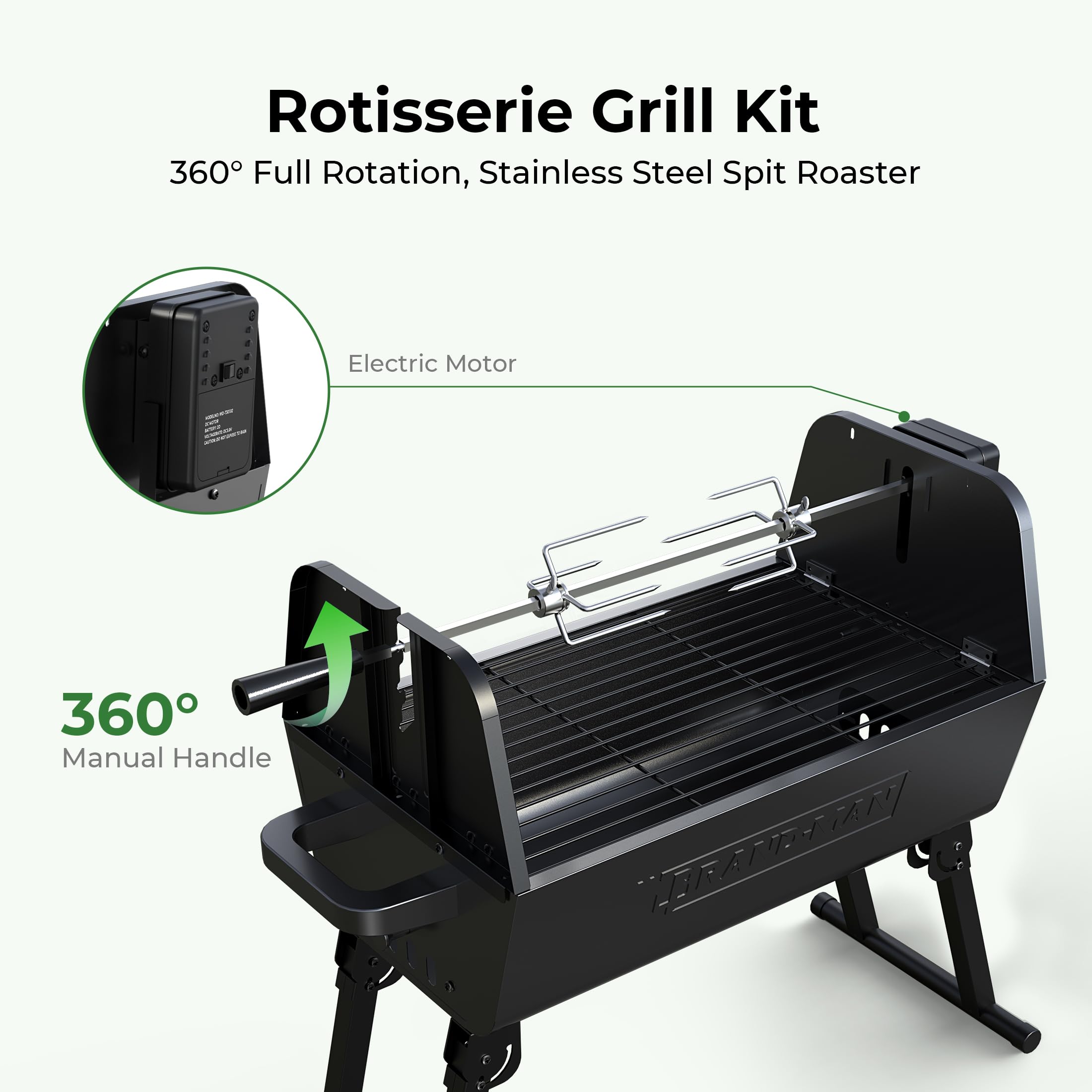 Grill Brand-Man 2 w 1 z zestawem do grillowania rożna, przenośny składany grill węglowy na zewnątrz, rożen ze stali nierdzewnej z silnikiem i regulowaną wysokością do podwórkowego kempingu, patio, imprezy tanecznej