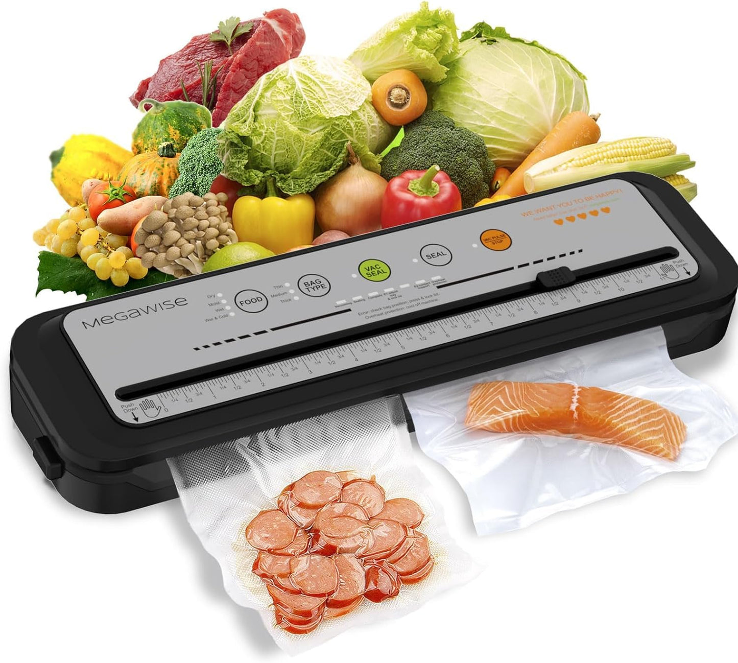 2023 Updated Vacuum Sealer Machine, MEGAWISE Food Sealer w/Starter Kit, Dry & Moist Food Modes, Compact Design with 10 Vacuum Bags & Bulit-in Cutter(Grey)