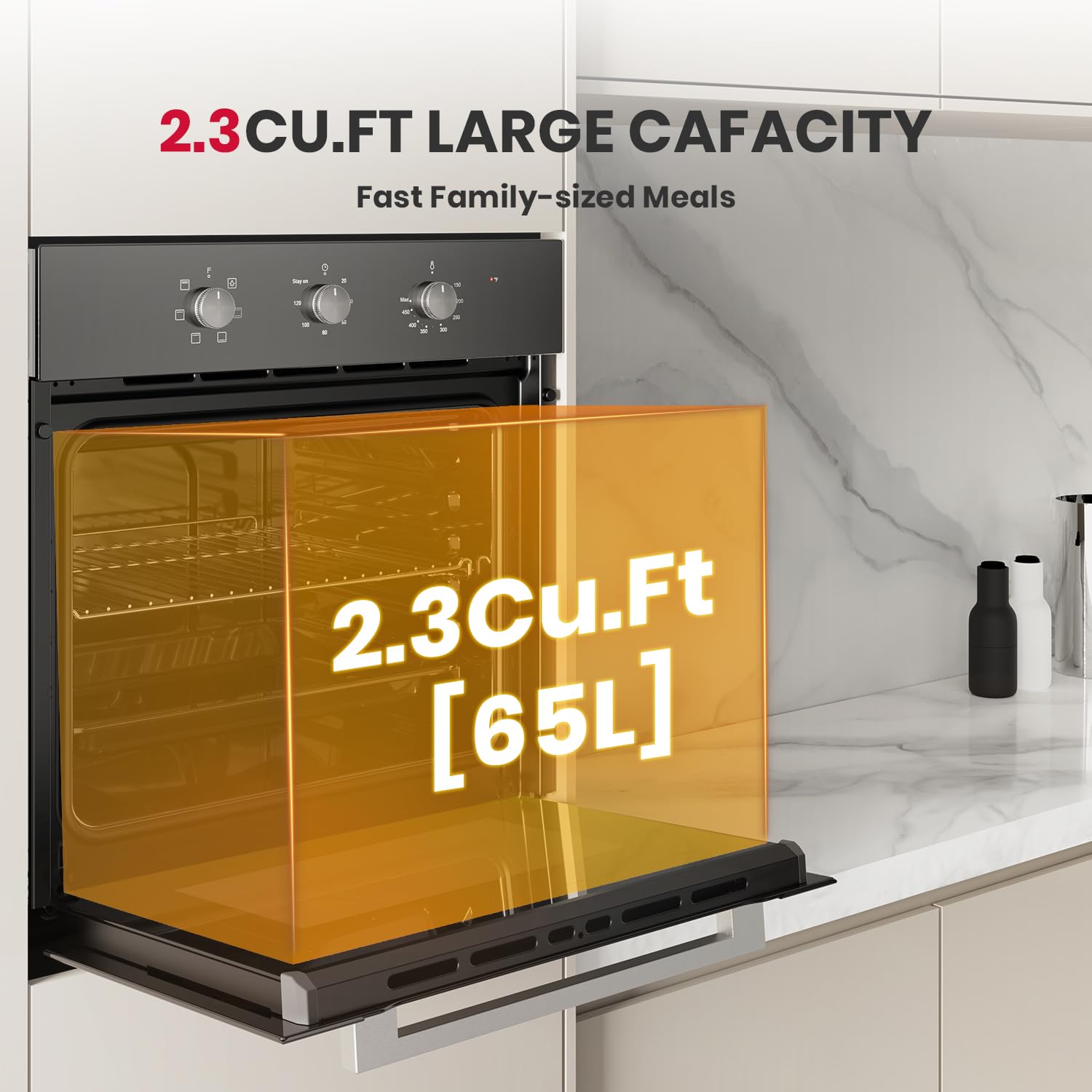 Piekarnik ścienny GASLAND 24 cale, wbudowany elektryczny piekarnik ścienny, 240 V 3240 W 2,3 stopy sześcienne, 5 funkcji gotowania, zatwierdzony przez CSA, czarne szkło