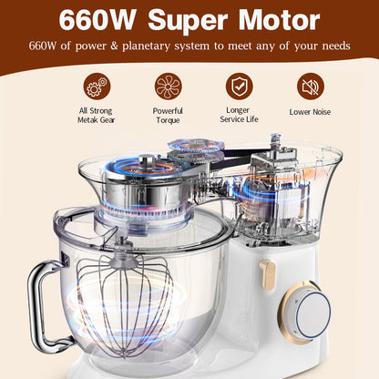 Stand Mixer CWIIM 8.5Qt 660W mixers kitchen electric stand mixer 6+P Speed stand up mixer with Dough Hook, Flat Beater, Whisk, Splash Guard, for dough mixer Baking Bread Cake Cookie Salad Egg (White)