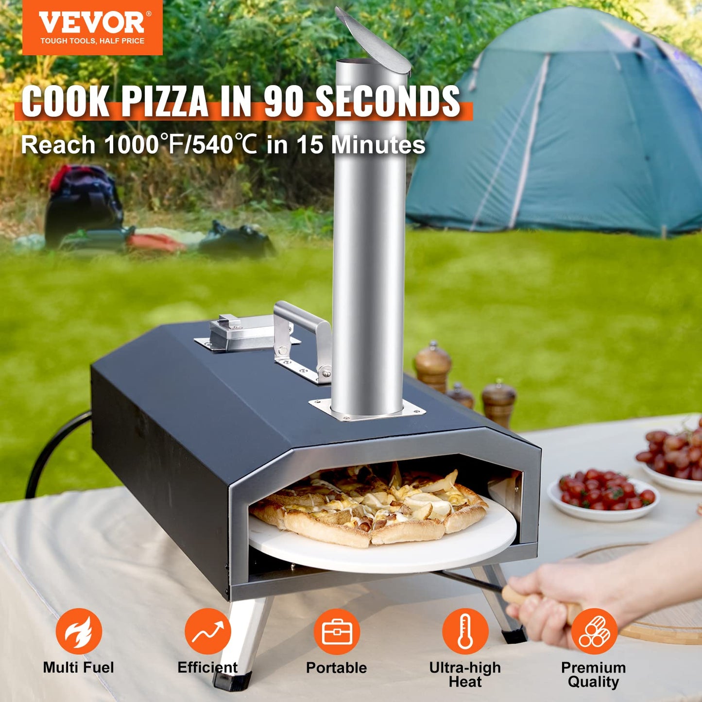 VEVOR Multi-fuel Outdoor Pizza Oven, 12-inch Gas & Wood Fired Pizza Maker with Auto Rotatable Stone, Portable Pizza Ovens for Outside Backyard Camp, Carry Cover, Shovel, CSA Certified, Black