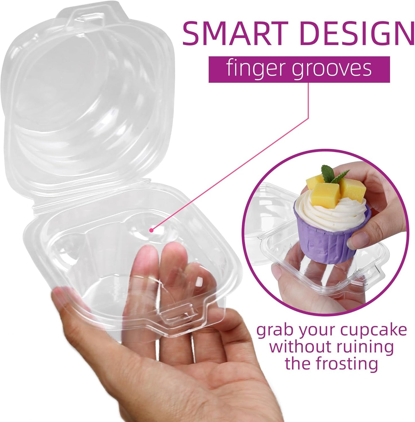 LotFancy Individual Cupcake Containers, 100 Pcs Plastic Clear Cupcake Boxes, Disposable Single Cupcake Holders with Dome Lid, Stackable Muffin Carrier for Wedding Baby Shower