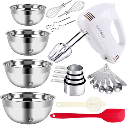 WEPSEN 5-Speed Electric Hand Mixer, 4 Large Mixing Bowls Set, Handheld Mixers with Whisks Beater, Stainless Steel Metal Nesting Bowl Measuring Cups Spoons Kitchen Cake Blender for Baking Supplies