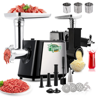 Flyseago Electric Meat Grinder, Cheese Grater 3000W Multifunctional Meat Grinder with Juicer, Vegetable Cutter Veggie Slicer, Shredder, Meat Chopper, Sausage Stuffer, Kubbe Kit, Home Use