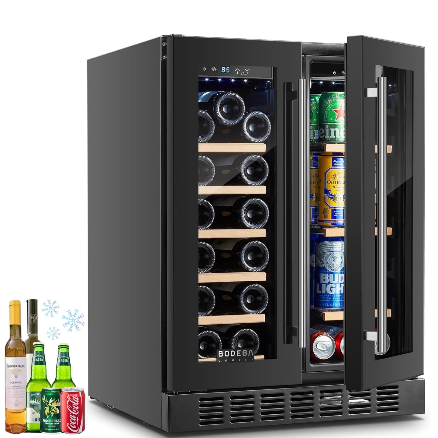 BODEGACOOLER 24 Inch Wine and Beverage Refrigerator, 2 Door Commercial Back Bar Cooler, Dual Zone Wine Cooler Refrigerator, Back Bar fridge for bar, party, Hold 20 Bottles and 57 Cans,LED light,Black.