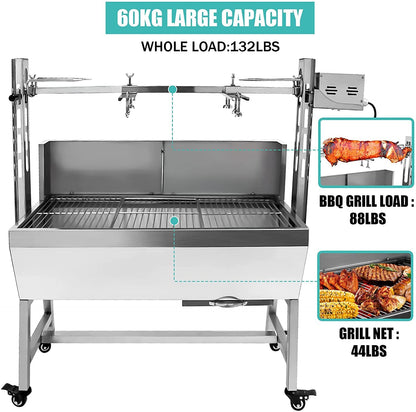 KODOM 132LBS Stainless Steel Rotisserie Grill with Back Cover Guard, 25W Motor Small Pig Lamb 37 Inch BBQ Charcoal Rotisserie Roaster Grill for Camping Outdoor Kitchen