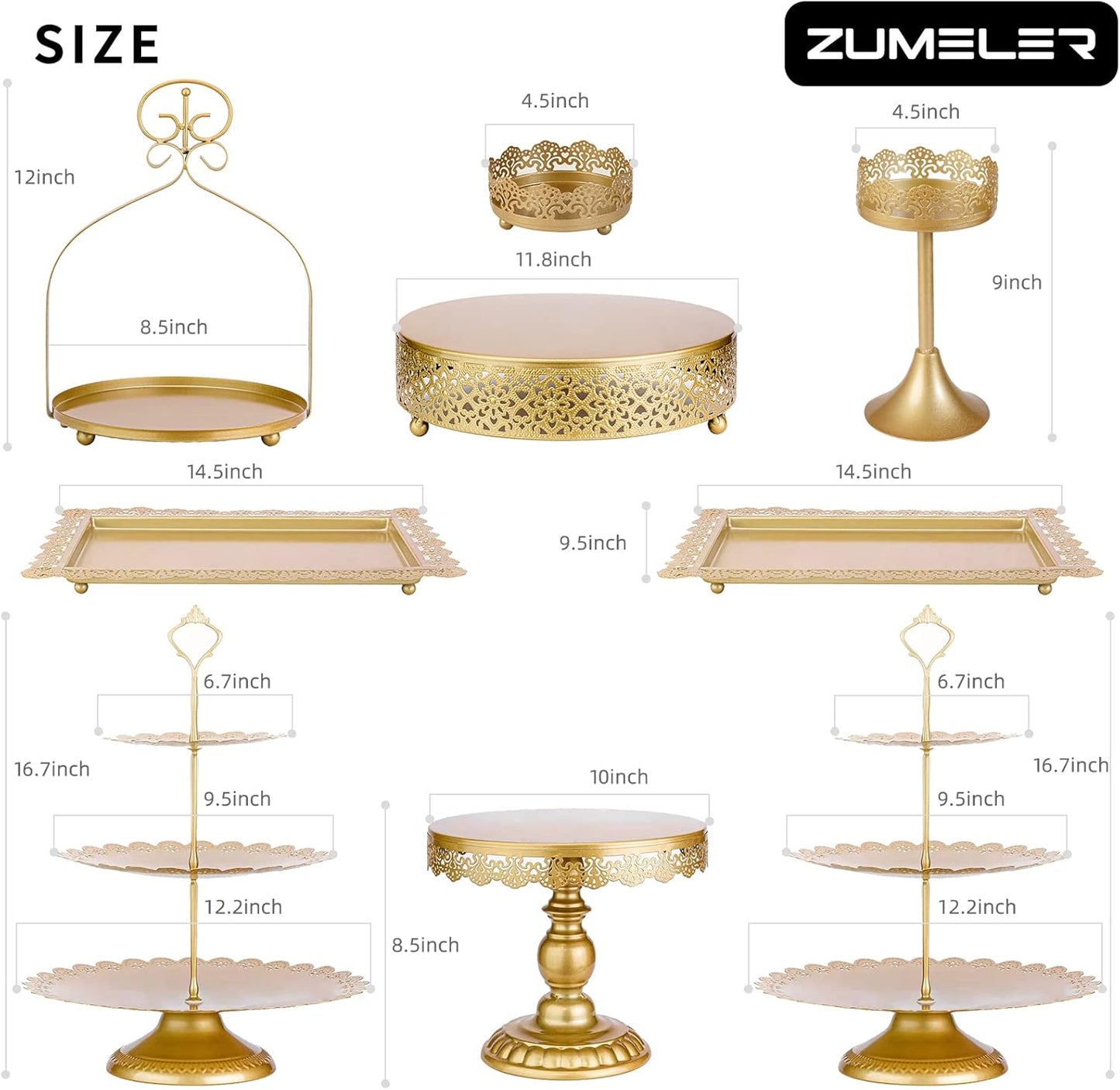 ZUMELER 9Pcs Metal Cake Stands Round Cake Stands Candy Fruite Display Plate Cupcake Serving Tower for Wedding Brithday Party Celebration Home Decoration,gold
