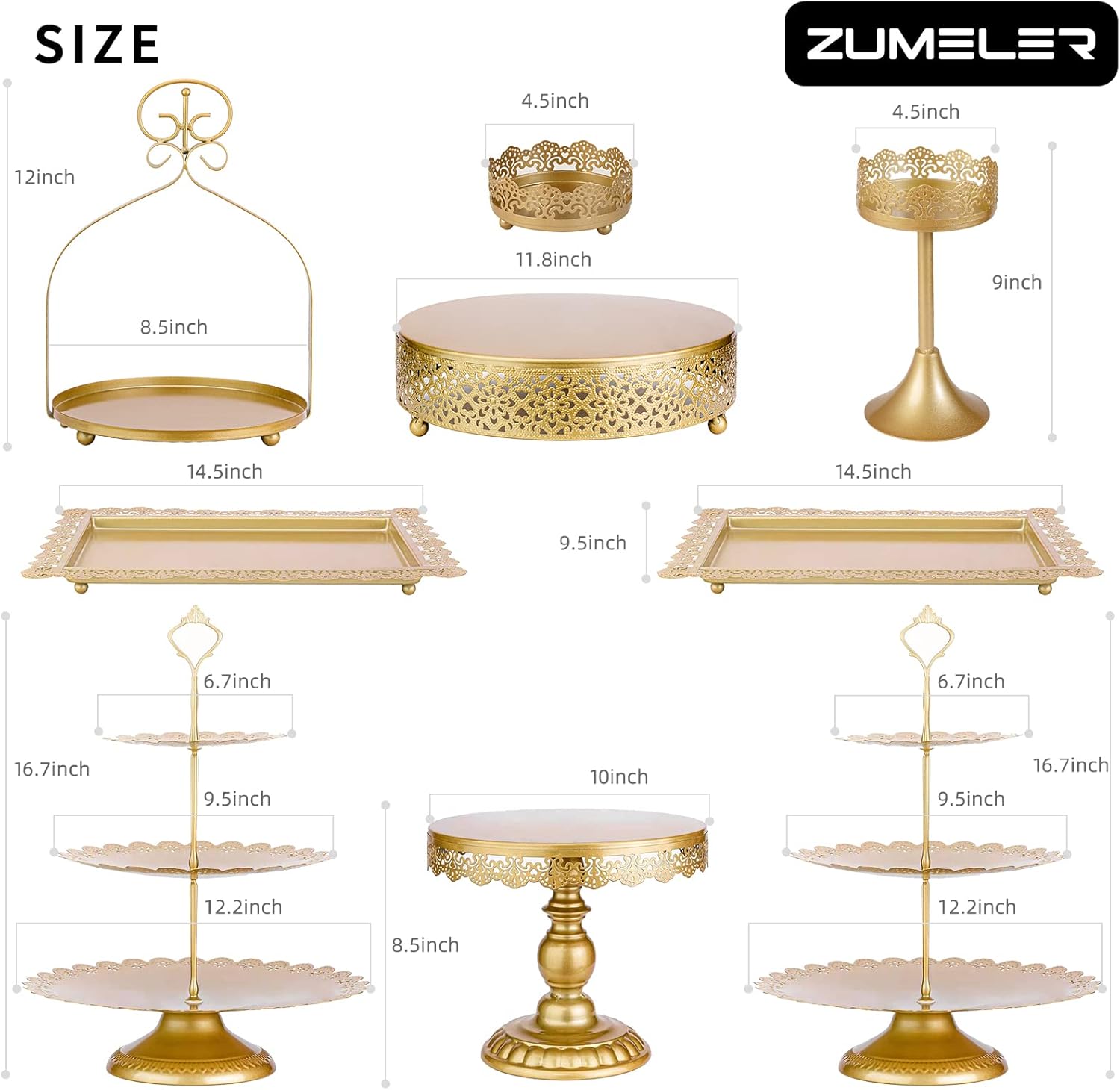 ZUMELER 9Pcs Metal Cake Stands Round Cake Stands Candy Fruite Display Plate Cupcake Serving Tower for Wedding Brithday Party Celebration Home Decoration,gold
