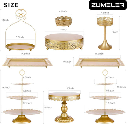 ZUMELER 9Pcs Metal Cake Stands Round Cake Stands Candy Fruite Display Plate Cupcake Serving Tower for Wedding Brithday Party Celebration Home Decoration,gold