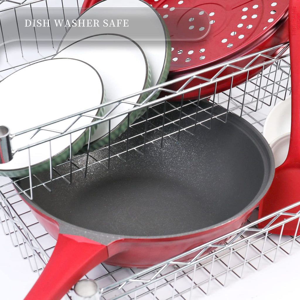 TIBORANG Nonstick 8 in 1 Multipurpose Woks and Stir Fry Pans,12.6 Inch 6L Heat Indicator Diecast Aluminum Titanium Coating Chinese Wok Pan with Lid, Silicone Spatula,Steamed Grid(Crimson Red)…