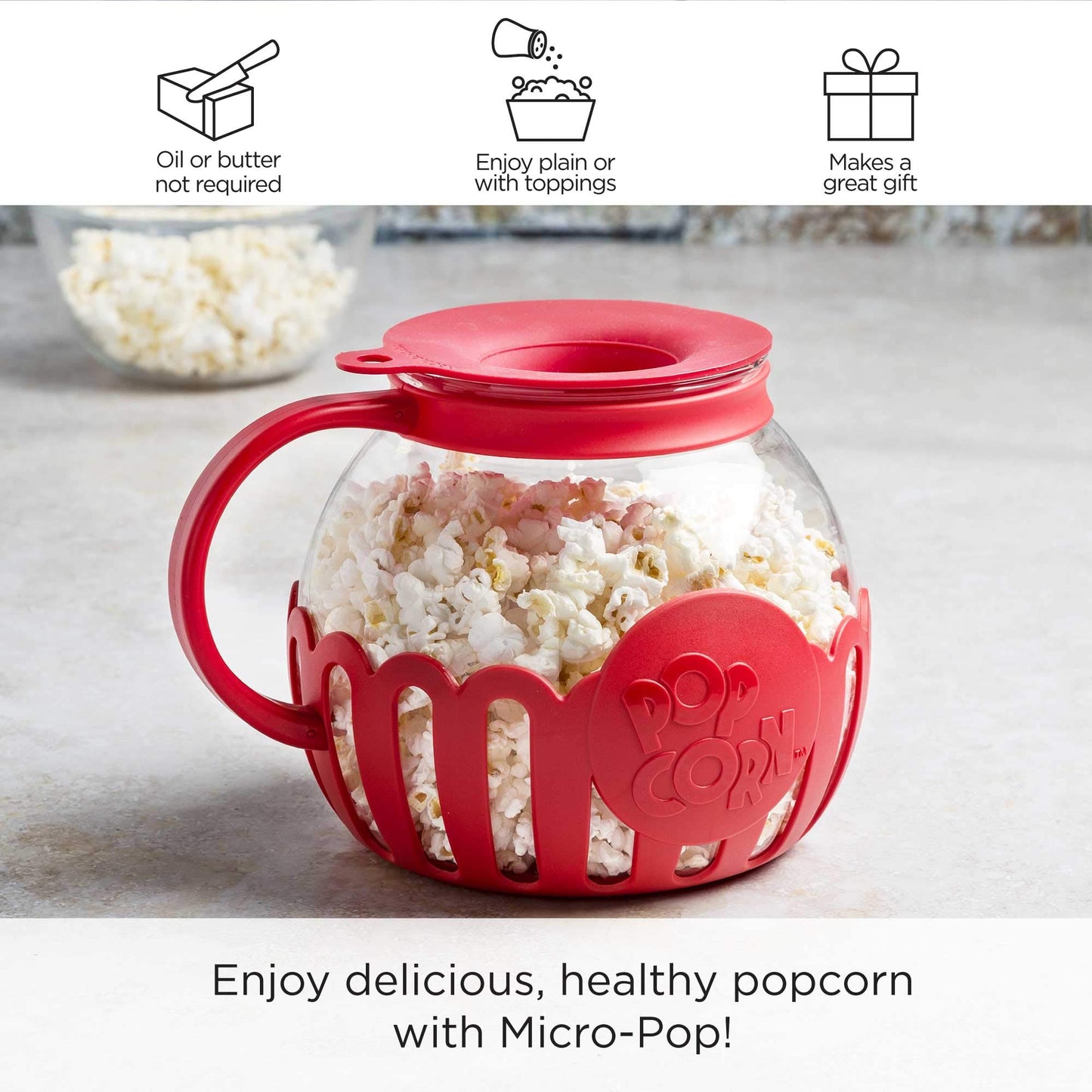 Ecolution Patented Micro-Pop Microwave Popcorn Popper with Temperature Safe Glass, 3-in-1 Lid Measures Kernels and Melts Butter, Made Without BPA, Dishwasher Safe, 3-Quart, Red