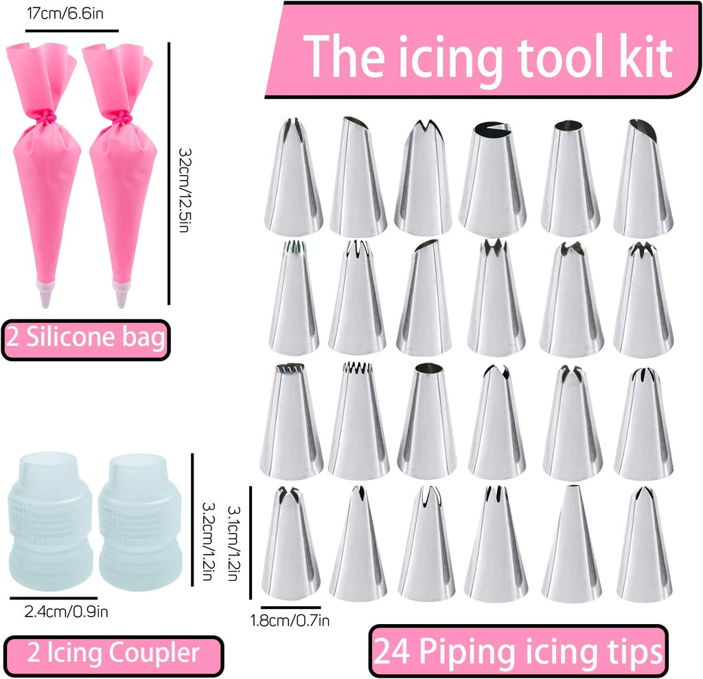 36Pcs Pink Piping Bags & Tips Set,24 Stainless Steel Nozzle Icing Tips With 2 Reusable Silicone Pastry Bag,Icing Smoother,Silicone Baking Cups,2Couplers Cake Decorating Tools Kit For Baking Decorating