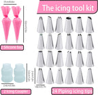 36Pcs Pink Piping Bags & Tips Set,24 Stainless Steel Nozzle Icing Tips With 2 Reusable Silicone Pastry Bag,Icing Smoother,Silicone Baking Cups,2Couplers Cake Decorating Tools Kit For Baking Decorating