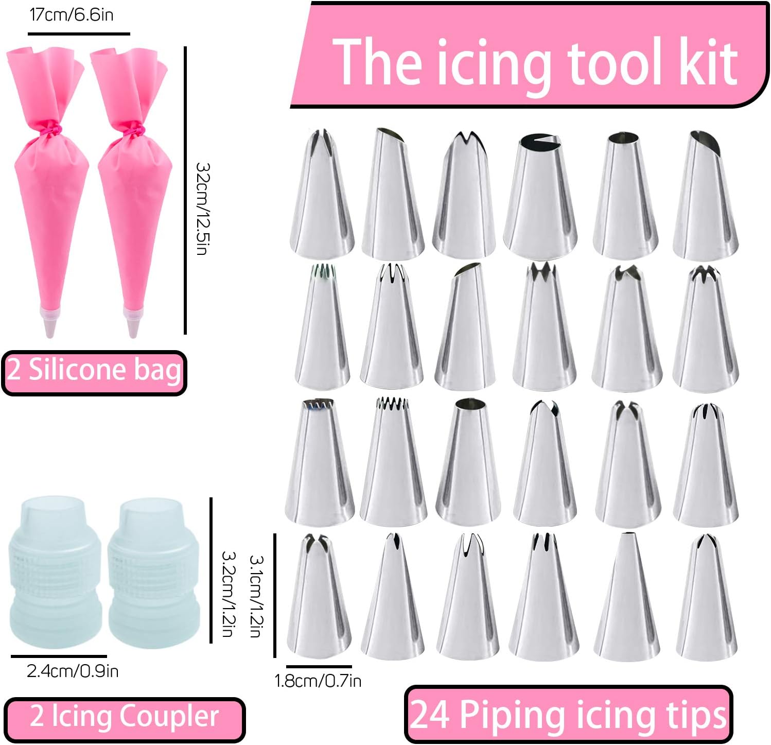 36Pcs Pink Piping Bags & Tips Set,24 Stainless Steel Nozzle Icing Tips With 2 Reusable Silicone Pastry Bag,Icing Smoother,Silicone Baking Cups,2Couplers Cake Decorating Tools Kit For Baking Decorating