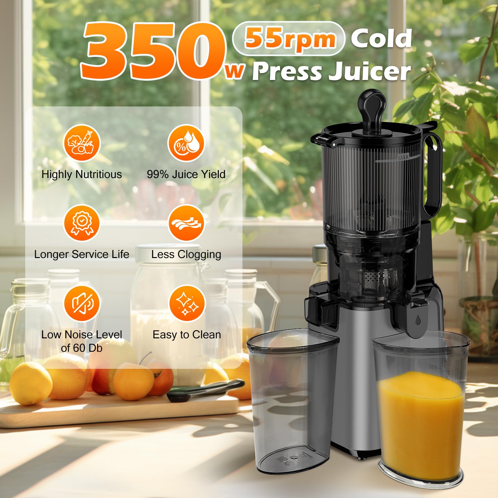 Juicer Machines with 6.1" Extra Large Feed Chute, Cold Press Juicer For Whole Vegetables and Fruits, 350W Professional Masticating juicer Easy to Clean for Batch Juicing (Titanium Gray)