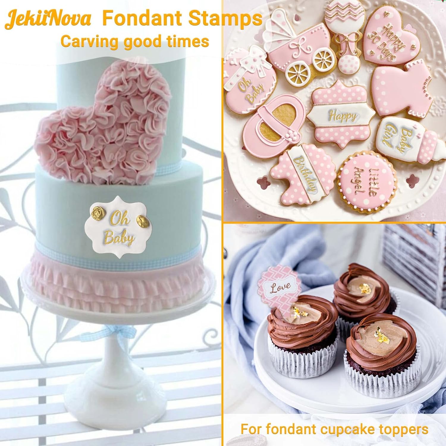 4PCS Alphabet Cake Stamps Tool with Brushes for Fondant Cookie Biscuit, Pretty Handwriting Food Grade Fondant Letter Stamp Uppercase Lowercase Numbers Words Reusable Cookie Stamp for Christmas Party