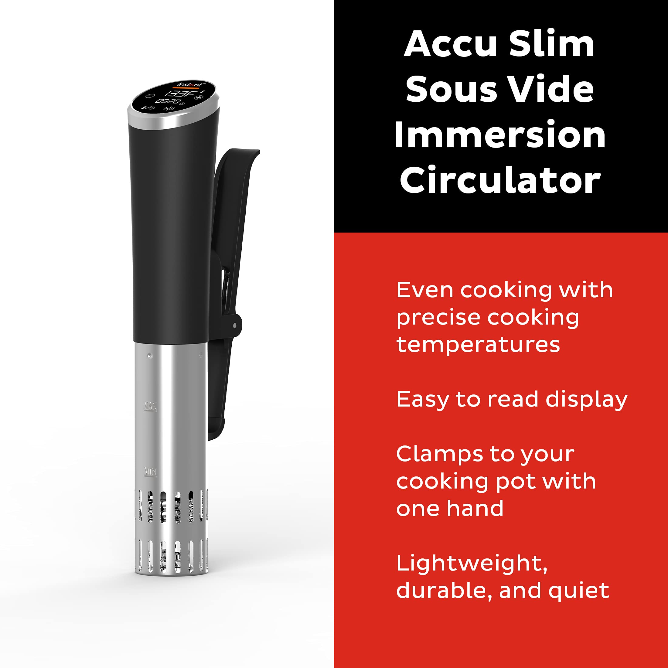 Instant Pot Accu Slim Sous Vide 800W Precision Cooker,Immersion Circulator,Ultra-Quiet Fast-Heating with Big Touchscreen Accurate Temperature and Time Control,Waterproof