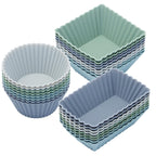 24Pack Silicone Muffin Cups, Reusable Cupcake Liners Molds for Baking, 3 Shapes Lunch Box Bento Dividers-Round, Square, and Rectangular (Neutral Colors, Regular Size)