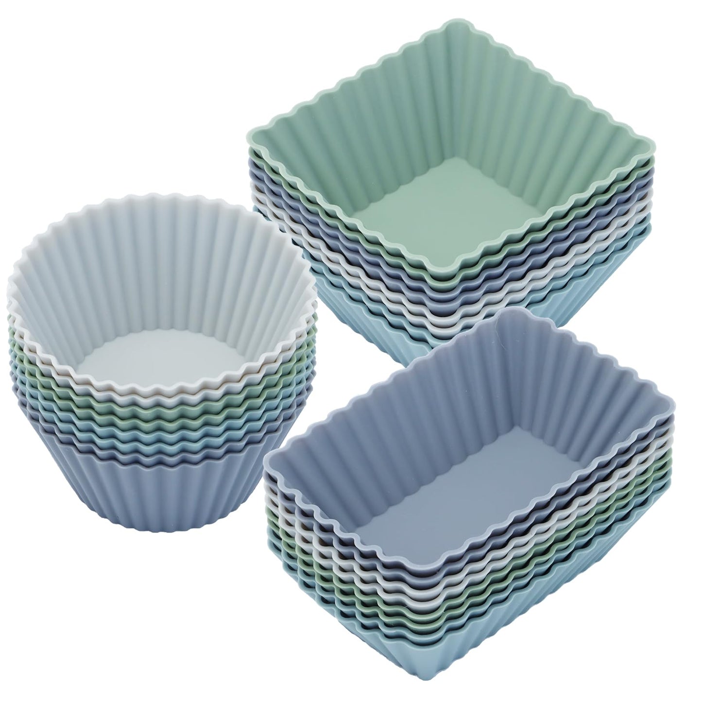 24Pack Silicone Muffin Cups, Reusable Cupcake Liners Molds for Baking, 3 Shapes Lunch Box Bento Dividers-Round, Square, and Rectangular (Neutral Colors, Regular Size)