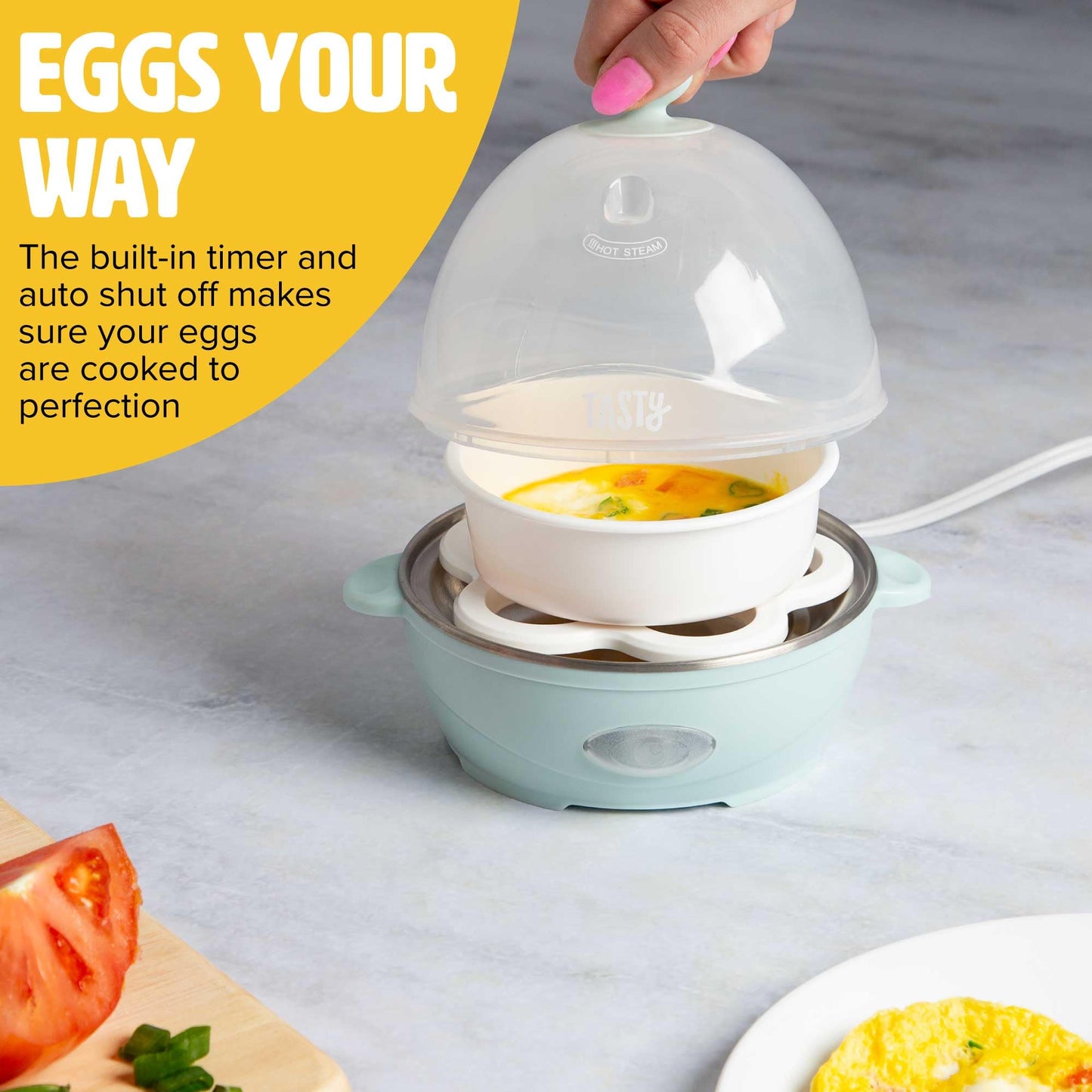 Tasty Mini Rapid Egg Cooker, 5-Egg Capacity for Perfect Hard Boiled Eggs or Omelets, Auto Shut Off, Aqua