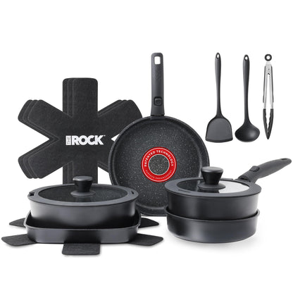 THE ROCK SMART SPACE 16pc Nonstick Pots and Pans Set with ROCK.TEC, Stackable Cookware Set with Detachable Handles, Scratch/Stain/Crack Proof, Induction Ready, Oven & Dishwasher Safe, PFOA-Free, Black