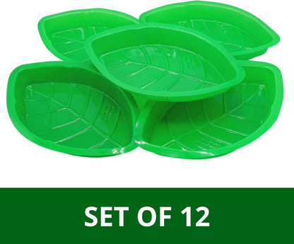 4E's Novelty Palm Leaf Party Serving Tray Plastic - Luau Candy Snack Tray Food Holder, Buffet Plates for Jungle Safari Hawaiian Party Supplies Dinosaur Table Centerpiece Decoration - Pack of 12