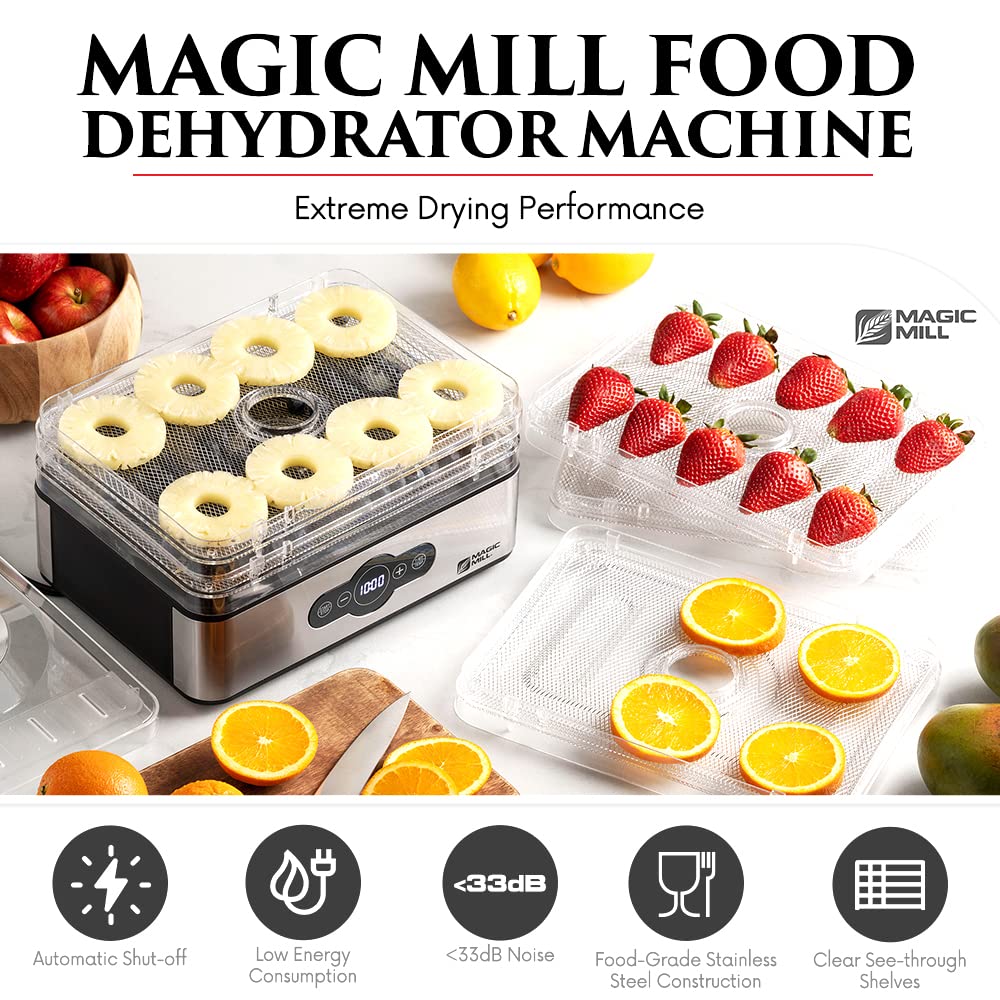 Magic Mill Food Dehydrator Machine | 5 Stackable Stainless Steel Trays Jerky Dryer with Digital Adjustable Timer & Temperature Control - Electric Food Preserver for Fruits, Veggies, Meats & Dog Treats